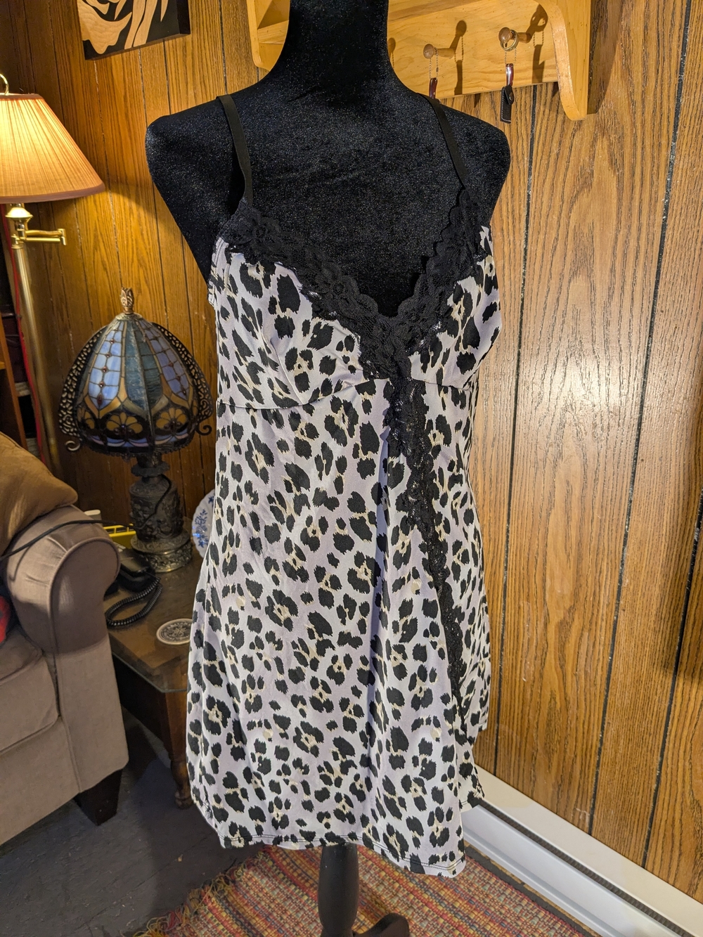 Lace-Trim Leopard Print Slip Dress in Black and White